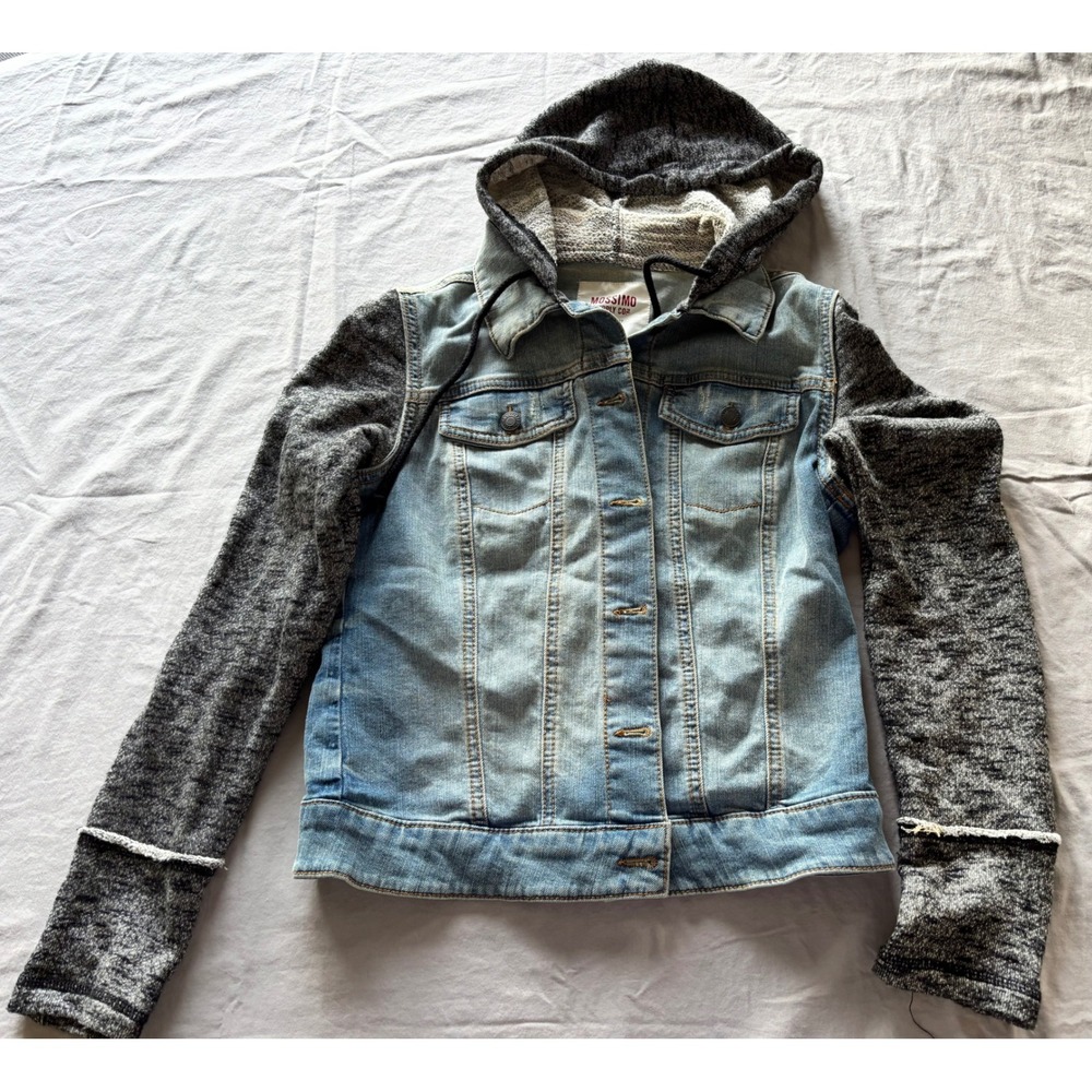 Mossimo Supply Co Womens Denim Jacket Gray Knit Hooded Mixed Media Light Wash M